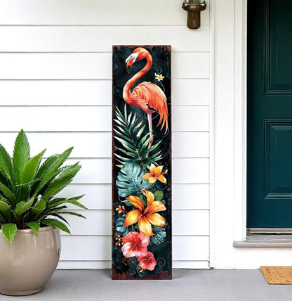 Letrero de porche de flamenco de madera maciza de 36" en color negro coral y verde