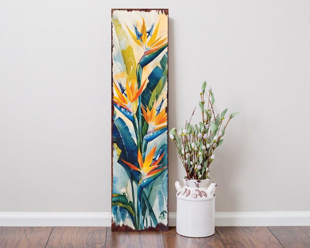 36" Orange Blue And Green Tropical Floral Solid Wood Porch Sign