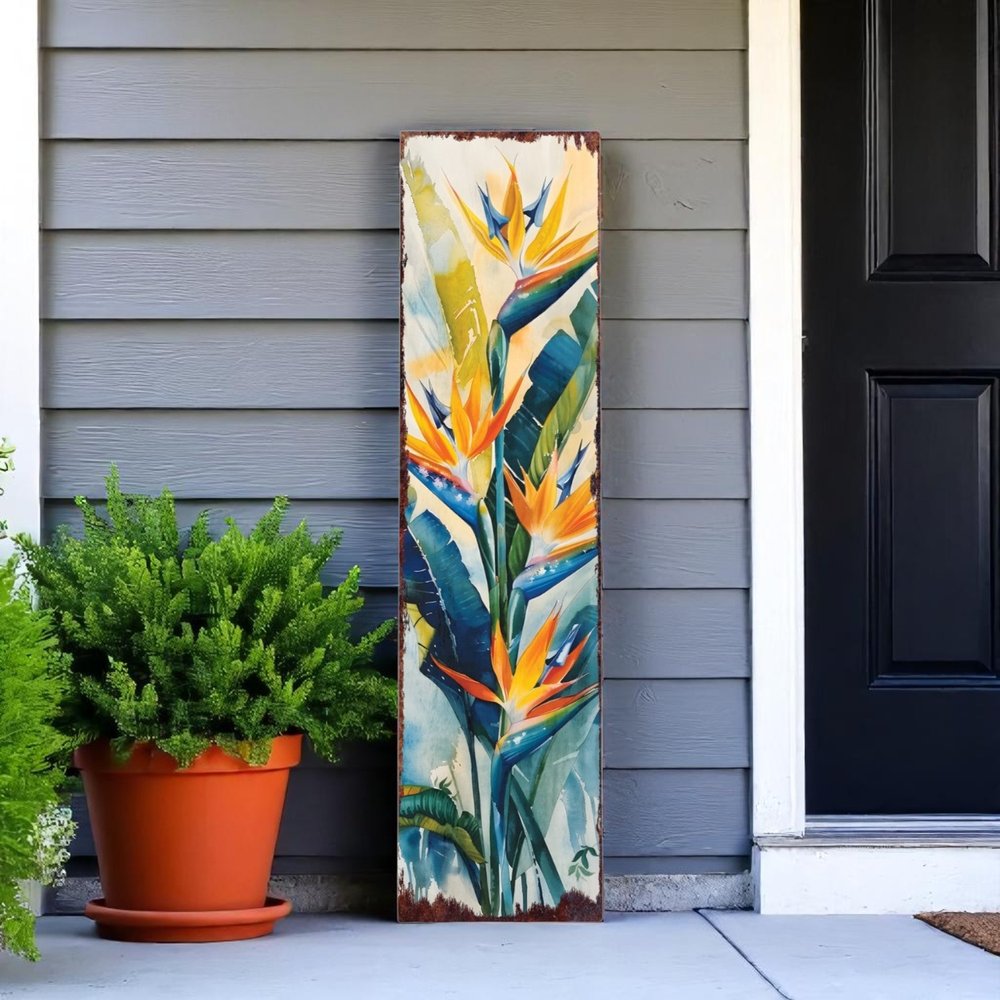 36" Orange Blue And Green Tropical Floral Solid Wood Porch Sign