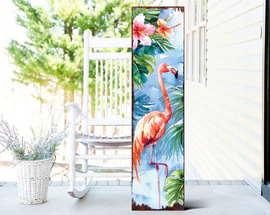 Letrero para porche de madera maciza con diseño de flamencos tropicales, de 36 pulgadas, en azul y coral