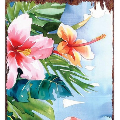 Letrero para porche de madera maciza con diseño de flamencos tropicales, de 36 pulgadas, en azul y coral