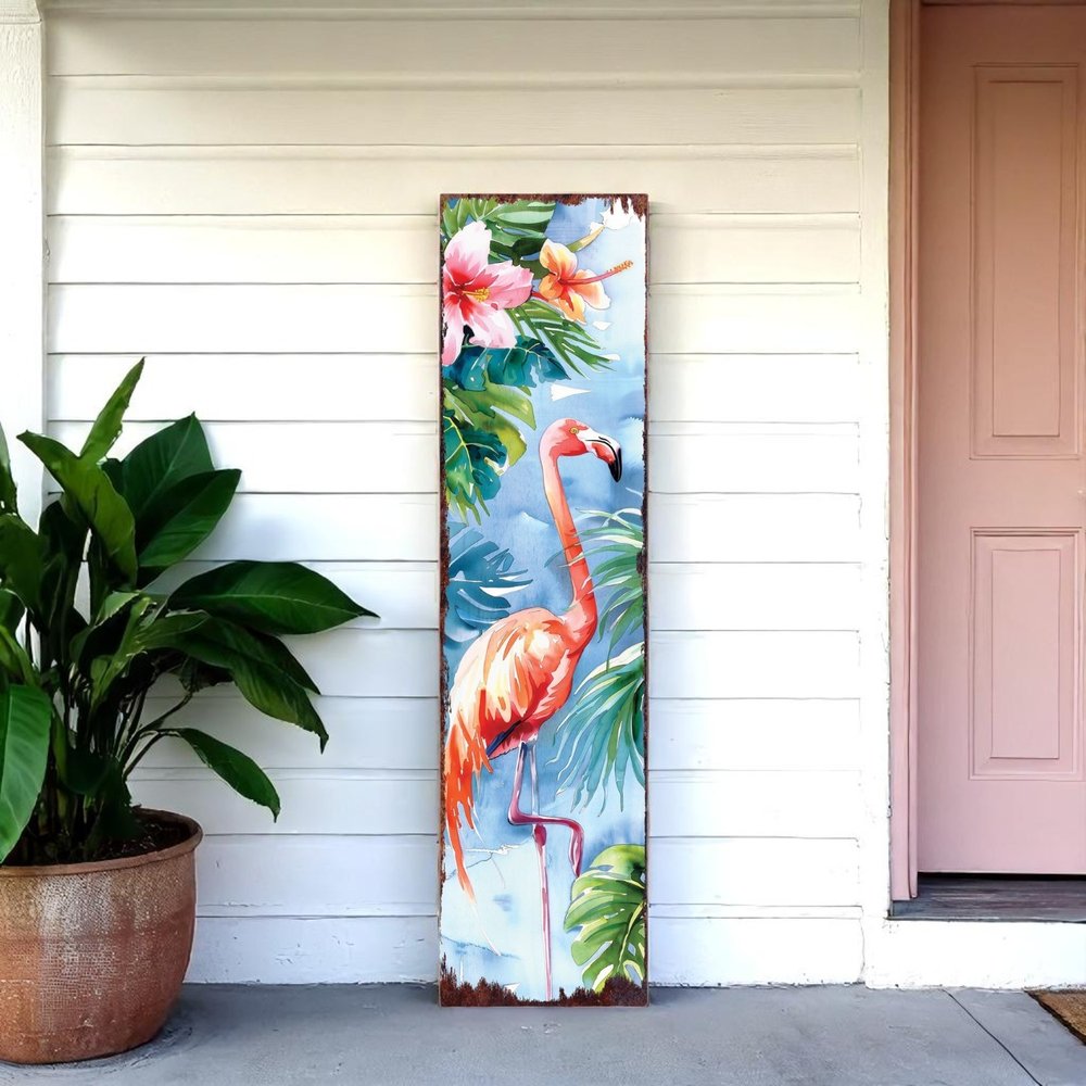 Letrero para porche de madera maciza con diseño de flamencos tropicales, de 36 pulgadas, en azul y coral