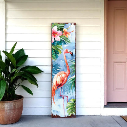 Letrero para porche de madera maciza con diseño de flamencos tropicales, de 36 pulgadas, en azul y coral