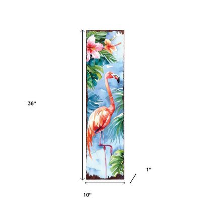 Letrero para porche de madera maciza con diseño de flamencos tropicales, de 36 pulgadas, en azul y coral