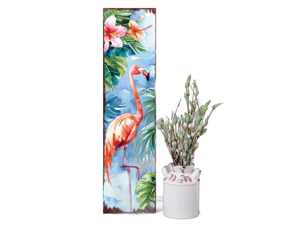 Letrero para porche de madera maciza con diseño de flamencos tropicales, de 36 pulgadas, en azul y coral
