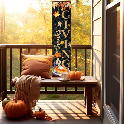 Letrero para porche de 36" de madera maciza negra y naranja con hojas de otoño para Acción de Gracias