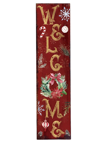 36" Red Gold And Green Christmas Wreath Solid Wood Welcome Porch Sign