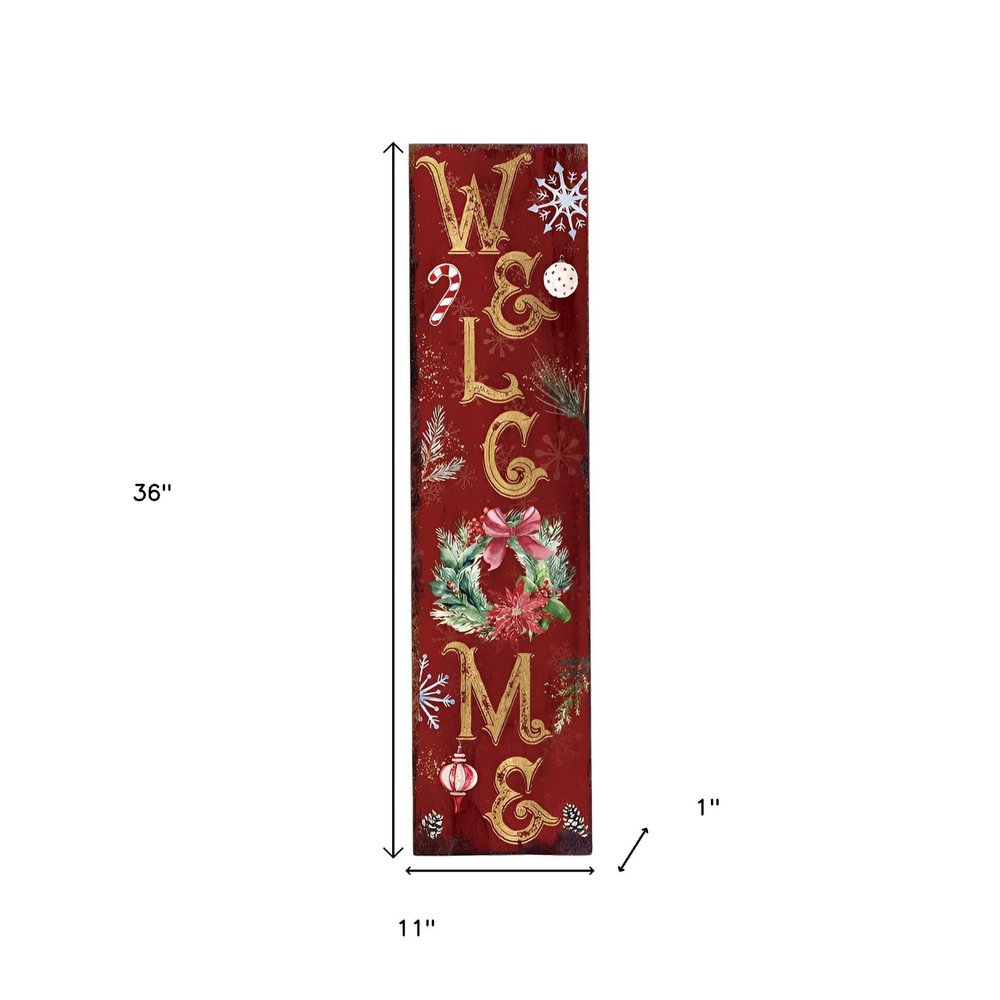36" Red Gold And Green Christmas Wreath Solid Wood Welcome Porch Sign