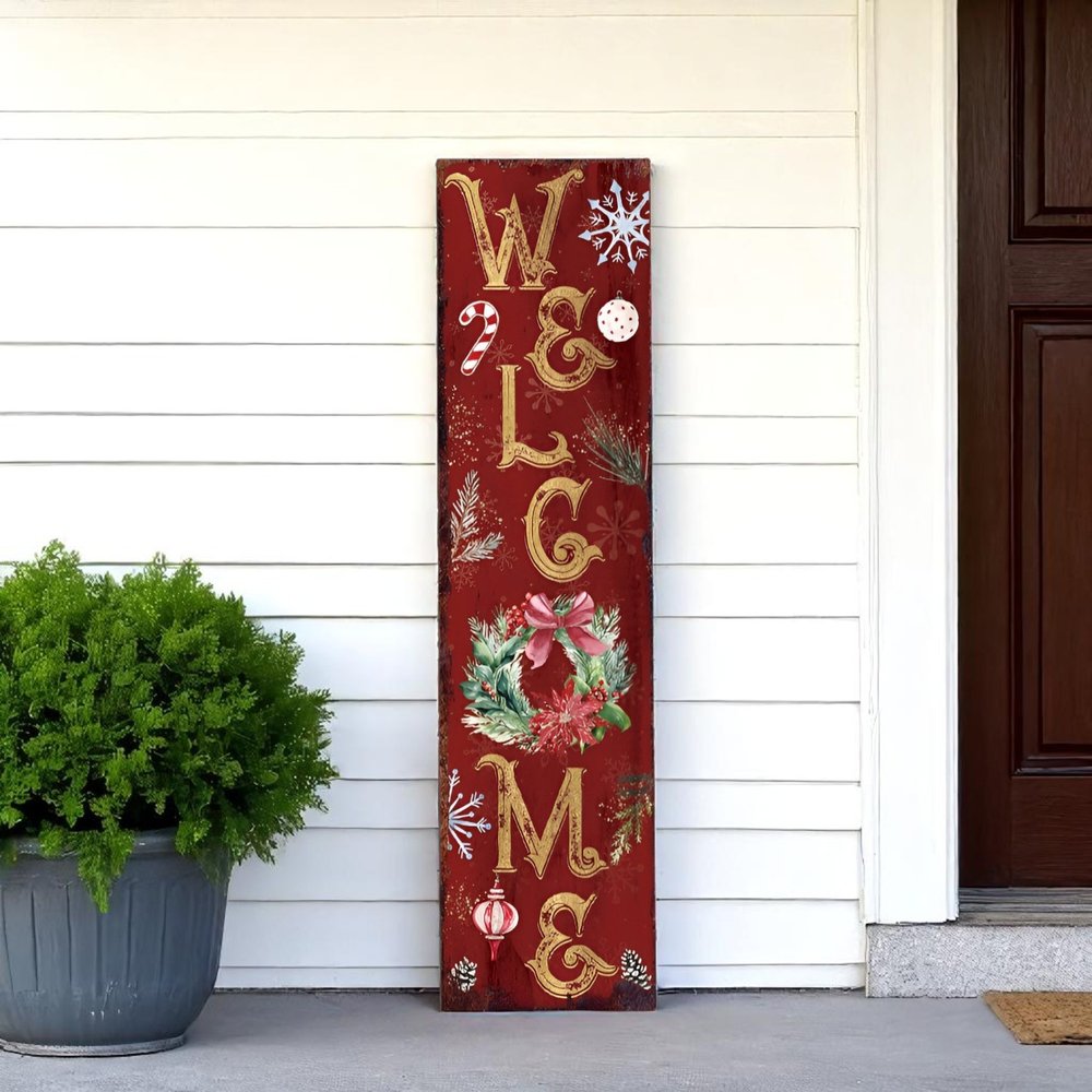 36" Red Gold And Green Christmas Wreath Solid Wood Welcome Porch Sign