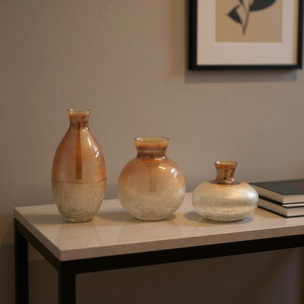 Set of Three Beige And Brown Crackle Glaze Glass Table Vases