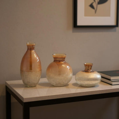 Set of Three Beige And Brown Crackle Glaze Glass Table Vases
