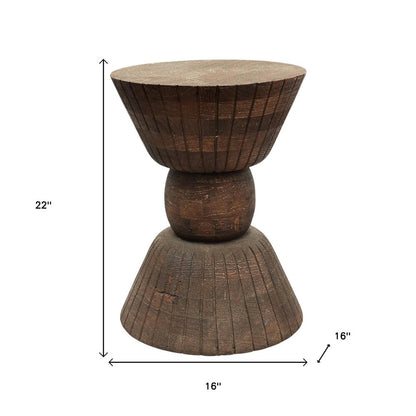 22" Brown Distressed Solid Wood Round Drum End Table
