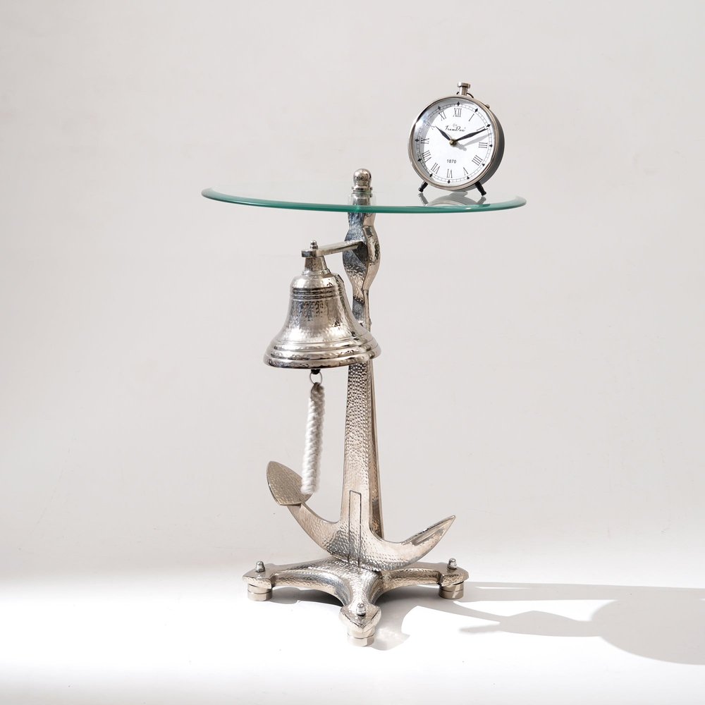 24" Clear and Silver Glass and Aluminum Nautical Bell End Table