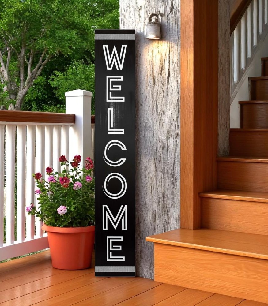 59" Black And White Solid Wood Welcome Reversible Porch Sign