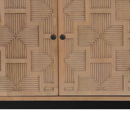 80" Brown Solid Wood Carved Geometric Sideboard with Four Doors