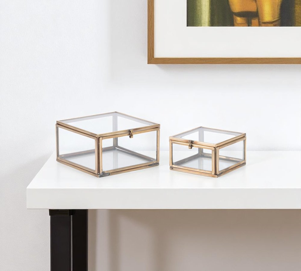 Set of Two Clear And Gold Glass Decorative Keepsake Boxes