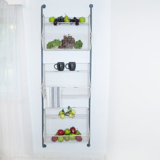 24" White And Gray Metal Baskets Wall Mounted Cubby Shelf