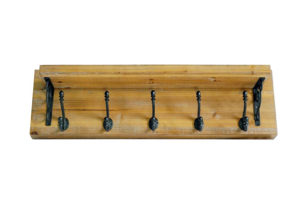 Perchero de pared de 6" con cinco ganchos de metal y madera maciza, color negro y marrón