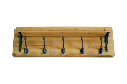 Perchero de pared de 6" con cinco ganchos de metal y madera maciza, color negro y marrón