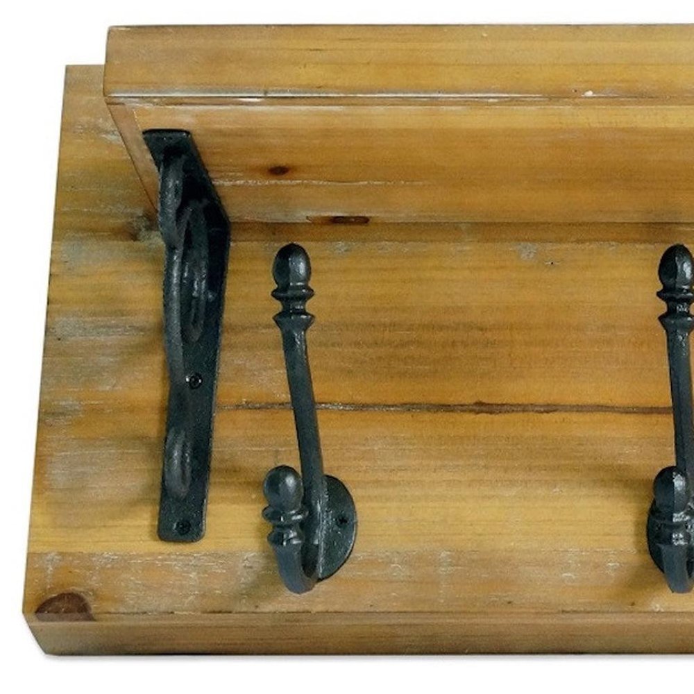 Perchero de pared de 6" con cinco ganchos de metal y madera maciza, color negro y marrón