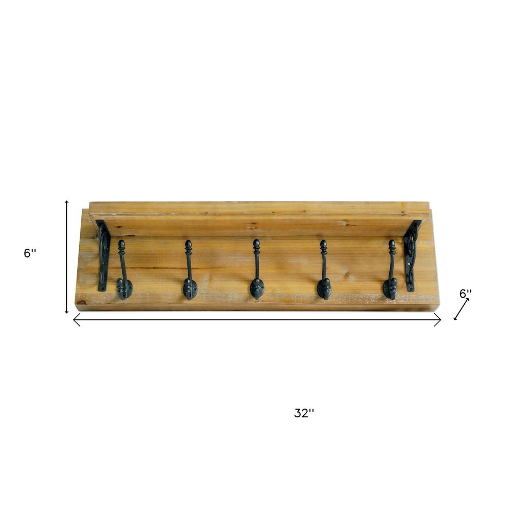 Perchero de pared de 6" con cinco ganchos de metal y madera maciza, color negro y marrón