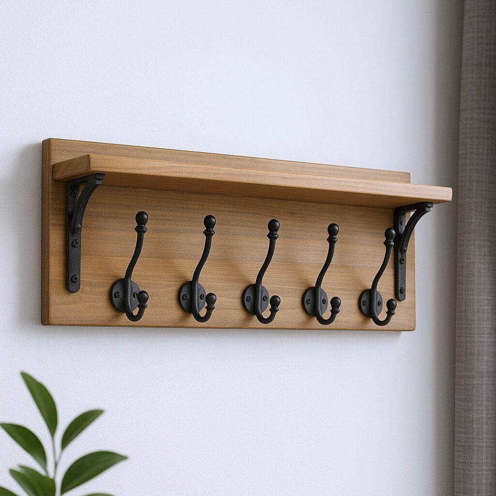 Perchero de pared de 6" con cinco ganchos de metal y madera maciza, color negro y marrón
