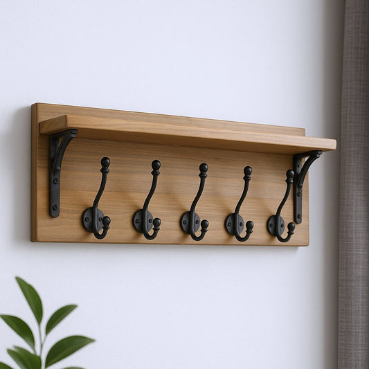 Perchero de pared de 6" con cinco ganchos de metal y madera maciza, color negro y marrón