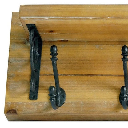Perchero de pared de 6" con cinco ganchos de metal y madera maciza, color negro y marrón
