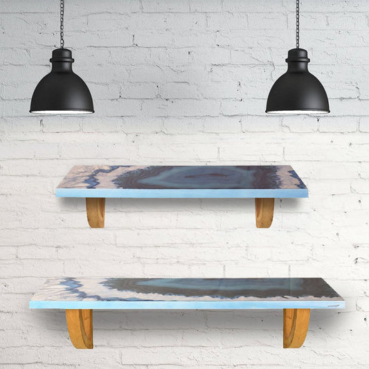 24" Blue And Natural Wood Agate Pattern Wall Mount Accent Shelf