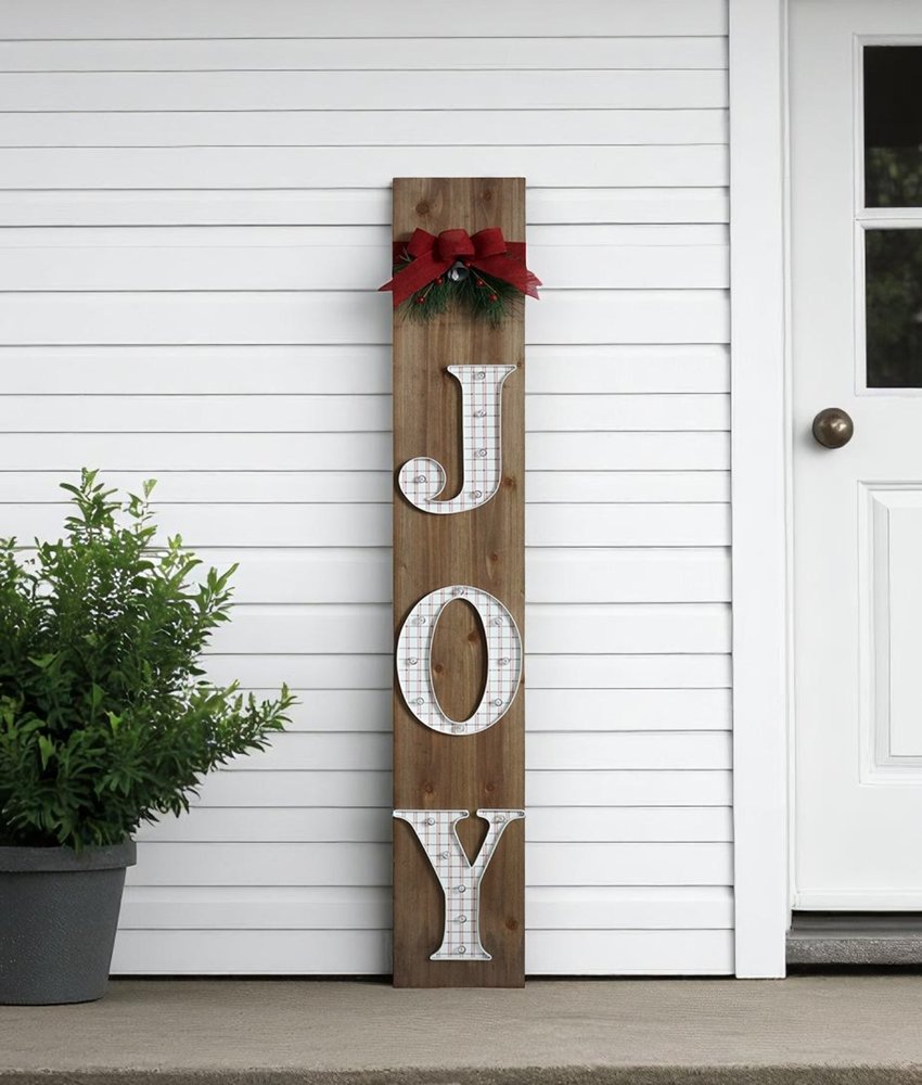 60" Brown Solid Wood Joy Christmas LED Lights Porch Sign