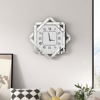 26" Silver Mirrored Glass Silent Analog Geometric Wall Clock