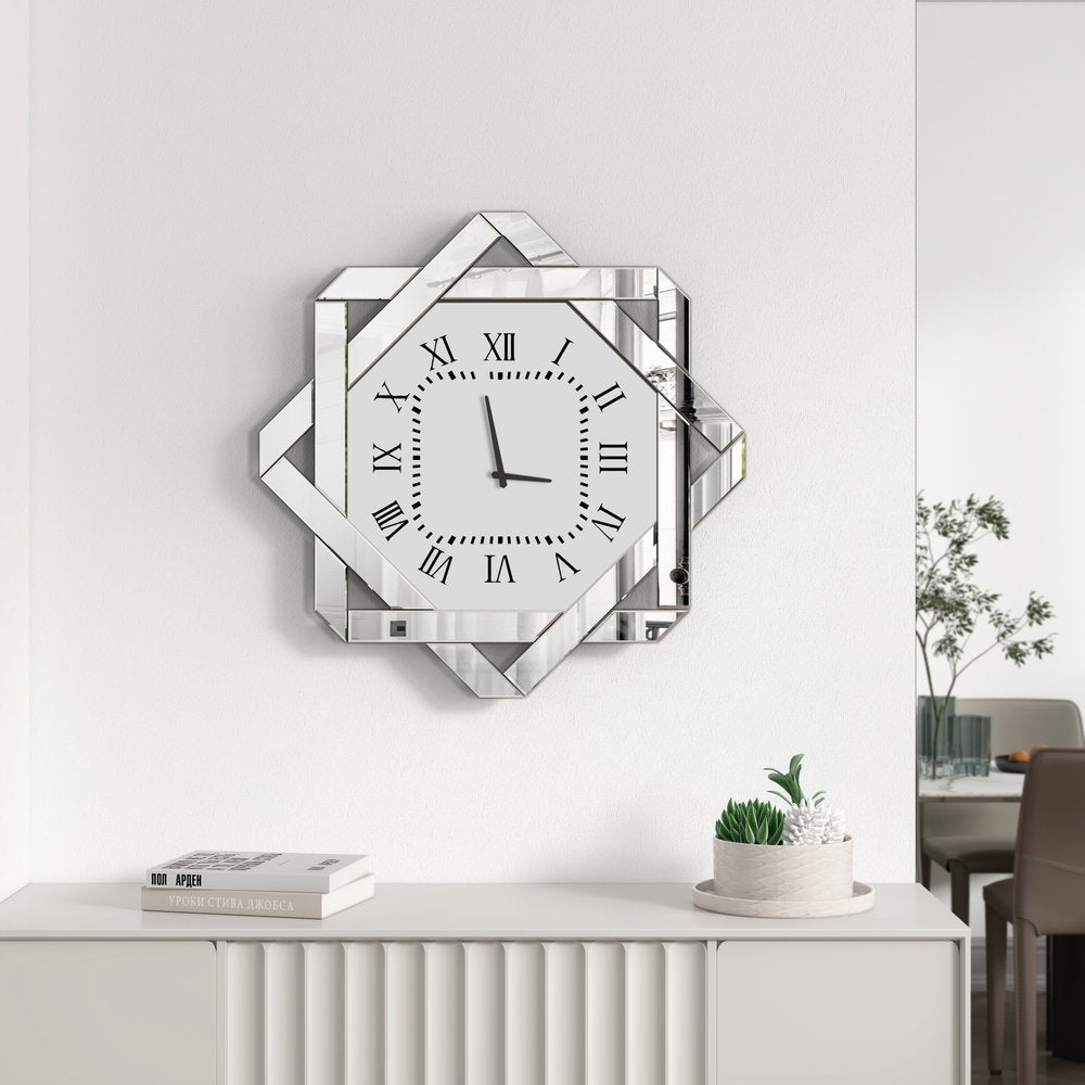 26" Silver Mirrored Glass Silent Analog Geometric Wall Clock