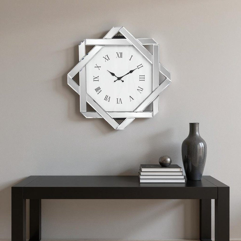 26" Silver Mirrored Glass Silent Analog Geometric Wall Clock