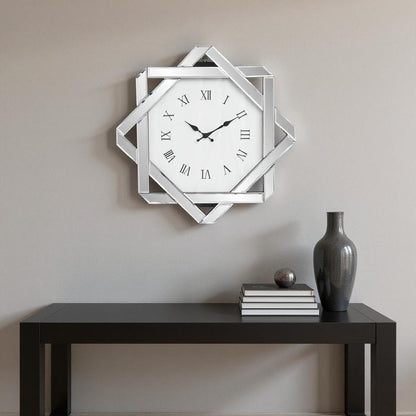26" Silver Mirrored Glass Silent Analog Geometric Wall Clock