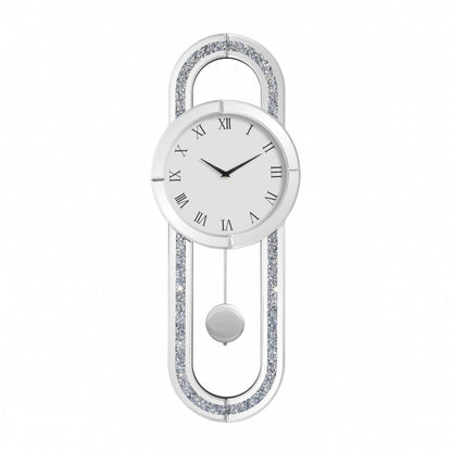 15" Silver Faux Crystal And Mirrored Glass Silent Analog Oval Wall Clock