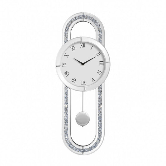 15" Silver Faux Crystal And Mirrored Glass Silent Analog Oval Wall Clock