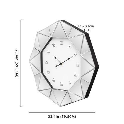 26" Silver Mirrored Glass Silent Analog Geometric Wall Clock