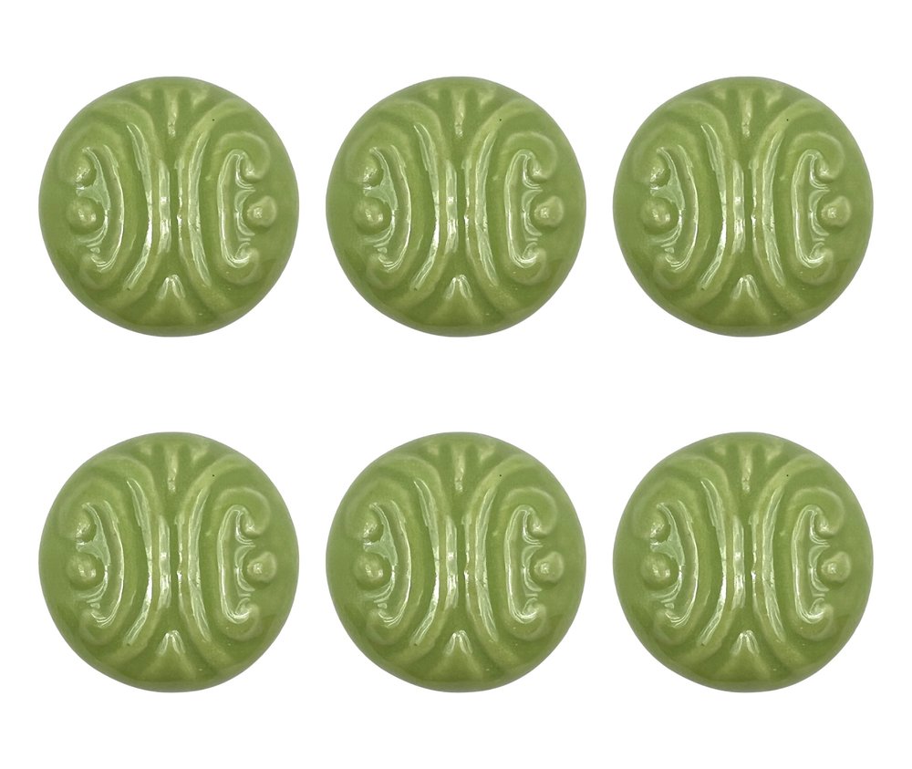 Set of Six Green Embossed Ceramic Drawer Pull Knobs
