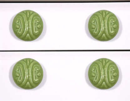 Set of Six Green Embossed Ceramic Drawer Pull Knobs