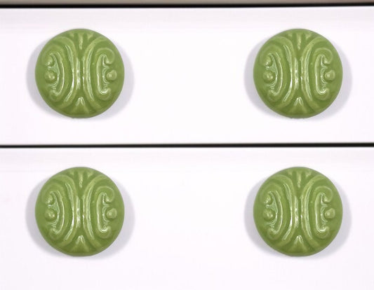Set of Six Green Embossed Ceramic Drawer Pull Knobs