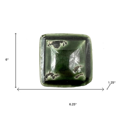 Set of Six Distressed Green Ceramic Square Drawer Pull Knobs