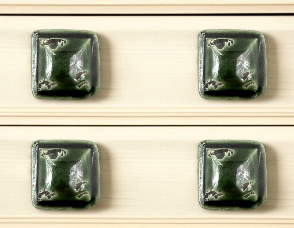 Set of Six Distressed Green Ceramic Square Drawer Pull Knobs