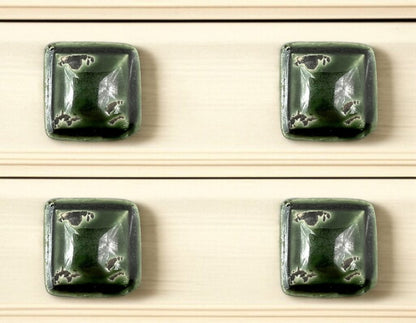 Set of Six Distressed Green Ceramic Square Drawer Pull Knobs