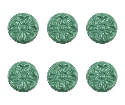 Set of Six Green Embossed Floral Ceramic Drawer Pull Knobs