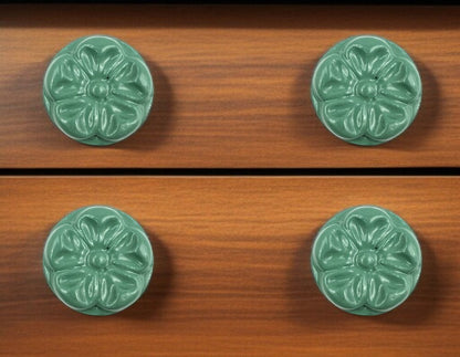 Set of Six Green Embossed Floral Ceramic Drawer Pull Knobs