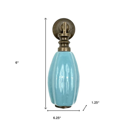 Set of Six Aqua And Brown Ribbed Ceramic Drawer Pull Knobs