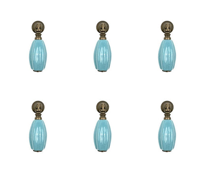 Set of Six Aqua And Brown Ribbed Ceramic Drawer Pull Knobs