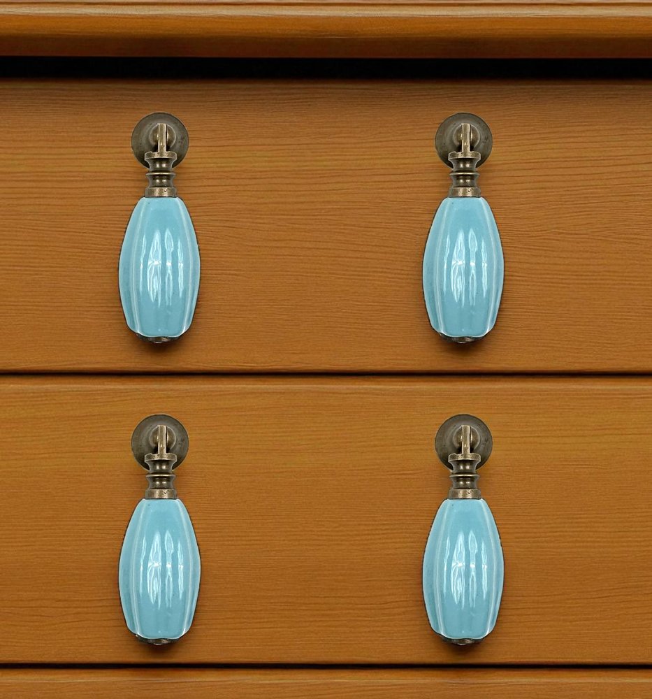 Set of Six Aqua And Brown Ribbed Ceramic Drawer Pull Knobs