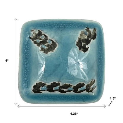 Set of Six Distressed Teal Ceramic Square Drawer Pull Knobs