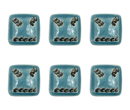 Set of Six Distressed Teal Ceramic Square Drawer Pull Knobs